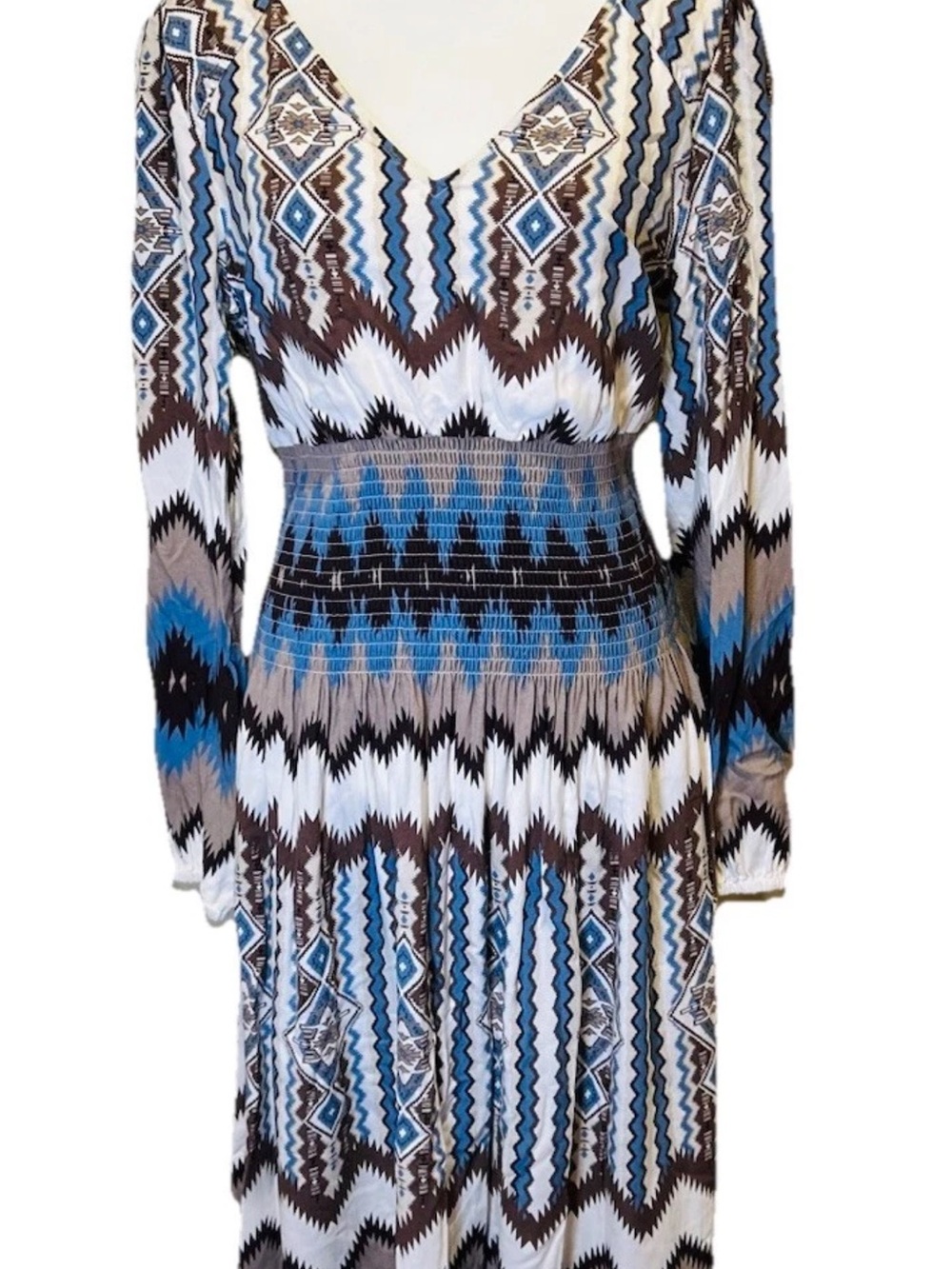 Ariat Chimayo Centinela Traditional Arts Smocked V-Neck Midi Dress Women's XL